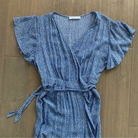 R. Vivimos Blue Floral Midi Wrap Dress Short Sleeve Ruffle - Picture 3 of 4